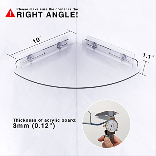 Bakzon Acrylic Corner Shelf 2 Pack, Adhesive Shower Caddy, 0.12" Thick Shatter-Resistant Clear Bathroom Corner Shelves for Tile Wall, No Drill Renter Friendly, 10×10 Inch, 20 lbs Capacity Corner Shelf-Clear