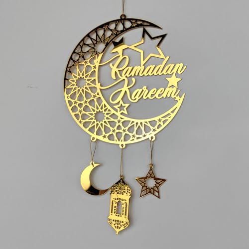 FUNCATCHER Ramadan Decorations for Home - 8.5x8.5 Inch Golden Acrylic Crescent Moon Hanging Ornaments, Islamic Eid Wall Door Decor (1, A) 1