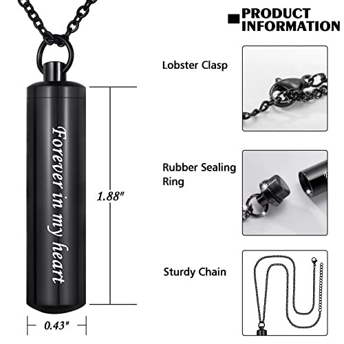 3 Pack Urn Necklace for Ashes Memorial Cremation Jewelry for Ashes, Cylinder Urn Locket for Ashes Stainless Steel Urns Pendant Keepsake Jewelry with Words: Forever in my heart & Funnel Kit & Bag Black
