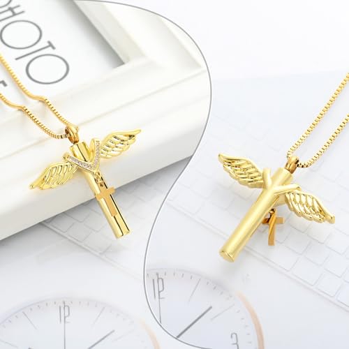 XSMZB Wings Cylinder Cremation Jewelry for Ashes Pendant Cross Urn Necklace for Ashes for Men Women Keepsake Locket Jewelry Gold