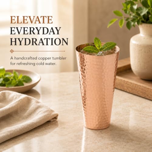 Pure Copper Tumbler Cup 22 oz – Large Hand Hammered Copper Cup for Drinking Water, Iced Tea, Juice and Cocktails – Unlined Solid Copper Glass with Thin Straight Rim, Pack of 1