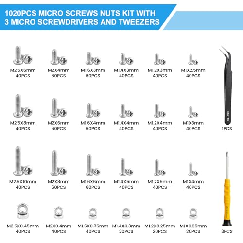 Steelflor 1020-piece micro screws assortment kit with M1-M2.5 stainless steel Phillips screws, nuts, and tools