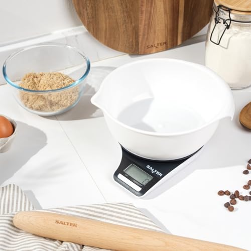 Salter Digital Measuring Jug Kitchen Scale - Electronic Food Scale with 1.25L Bowl, Add & Weigh Wet & Dry Ingredients, Easy Pour Spout, 5kg/11lbs Capacity, Easy Read LCD Display, Includes Battery Back