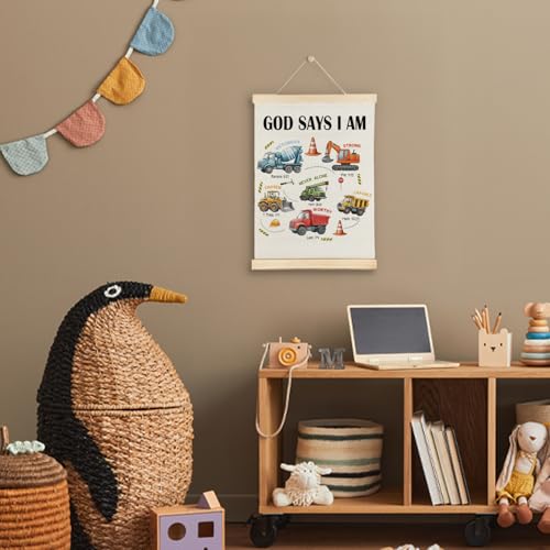 ATBWGT Christian Construction Wall Art Decor, Construction Room Decor for Boys, God Says I Am Bible Verses Poster Hanger Frame for Boys Bedroom Room Nursery Playroom, 12x16 Inch