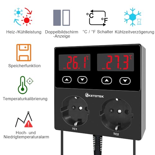Ketotek KT99pro Dual Temperature Controller 230 V with Waterproof Sensor | Output 10A Relay, Socket Thermostat for Aquarium Reptile Brewing, Fermentation, Breeding, Incubation, Greenhouse