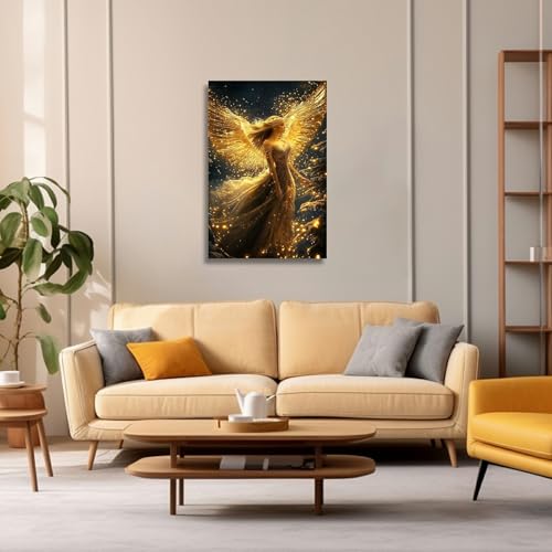 CHAOSETKEN Angel Girl Canvas Wall Art Angel & Gold Wing Pictures Prints Holy Portrait Paintings Night Sky Landscape Artwork for Living Room Office Decor Frame (24L x 16W) 24L" x 16W"