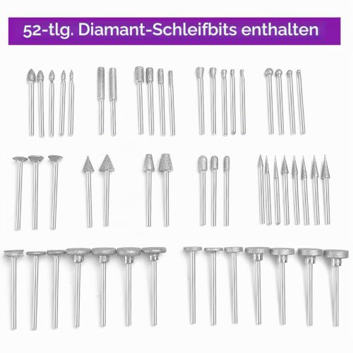 52 Piece Diamond Cutter Set, Diamond Cutter, Compatible with Dremel Grinding Attachments, Rotary Tool Accessories with 1/8 Inch (3 mm) Shank Fit for Stone Glass Ceramic Carving, Grinding, Polishing, Engraving, Drilling