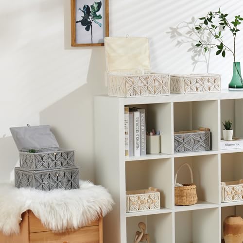 Decorative Boho Storage Baskets with Lid Natural Macrame Boxes Small Gray