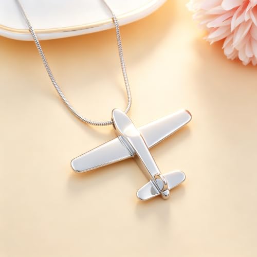 Airplane Ashes Necklace Aircraft Cremation Urn Necklace for Ashes Pendant Stainless Steel Keepsake Memorial Jewelry for Women Men Silver