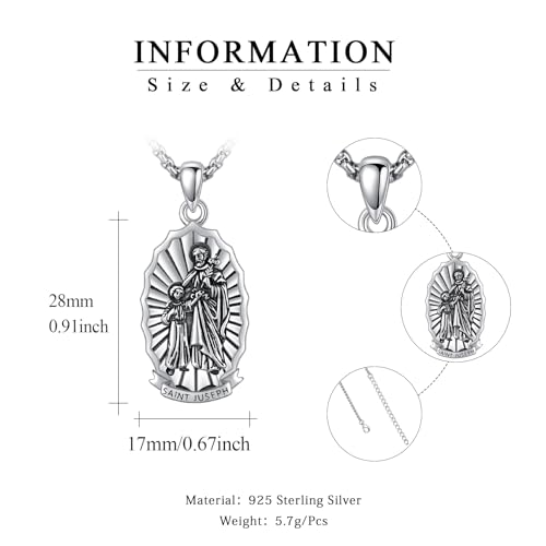 925 Sterling Silver Santa Muerte/St Benedict/Virgin Mary/Saint Jesus/Saint Joseph Miraculous Medal Necklace for Men Saint Joseph