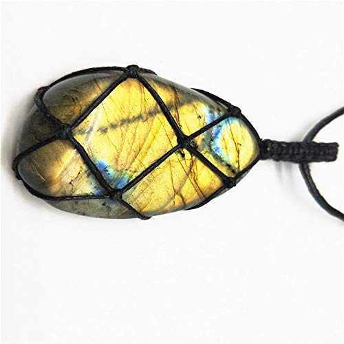 AITELEI Natural Labradorite Crystal Necklace Healing Chakra Pendant with Hand-Woven Rope Labradorite Palm Stone Moonstone Healing Stone Pendant