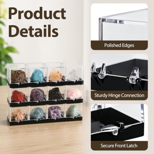 NOLITOY 60 pcs Clear Cube Display Boxes for Mineral Specimens – 35×35×35 mm Transparent Display Cases with Black Base – Collector’s Bulk Set for Rock Crystal Gemstone Storage