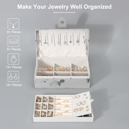 DesignSter 2 Layer Large Jewelry Box for Women, Leather Jewelry Organizer with Removable Jewelry Tray, Jewelry Storage Case for Necklaces Earrings Bracelets and Rings（Orchid） Orchid