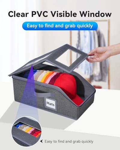 2PCS Stackable Hat Organizer for Baseball Caps, Hat Organizer Holds up to 30 Caps for Closet with Clear Window, Sturdy Frame Hat Storage for Men & Women, Space Saving (Drak Grey) Drak Grey