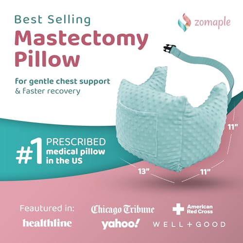 Zomaple 3-piece contoured support pillow set with gel pack and shower lanyard, designed for post-mastectomy recovery in aqua color.