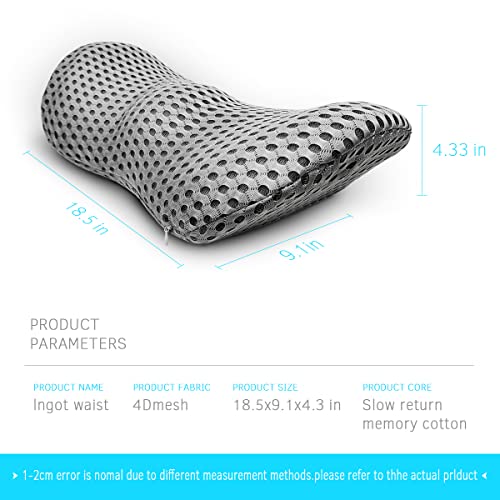 Grey Panduo lumbar support pillow for office chairs, made of memory foam to help relieve lower back pain and improve posture.