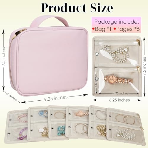 Travel Jewelry Organizer Case,Small Jewelry Bags for Traveling, Jewelry Binder with 24 Pcs Clear Zipper Velvet Pouches (Pink) Pink