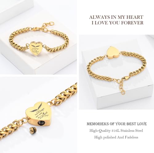 zeqingjw Heart Cremation Memorial Urn Bracelet for Ashes for Women Stainless Steel Adjustable Keepsake Bangle Cremation Memorial Ash Jewelry Gold