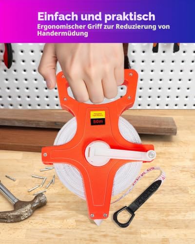 Tape Measure 50 m / 165 ft, Tape Measure 50 m with Fold-Out Crank, Inch/Metre Tape Measure, Fibreglass Tape Measure with Centre Tip, Roll Tape Measure with Folding Lever, Marked on Both Sides | Zoll/Meter Bandmaß, Rollmaßband Fiberglas mit Zentrierspit...