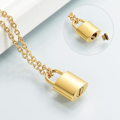 Imrsanl Padlock Cremation Jewelry for Ashes Urn Necklace for Women Men Stainless Steel Keepsake Memorial Punk Lock Pendant Ashes Holder Gold