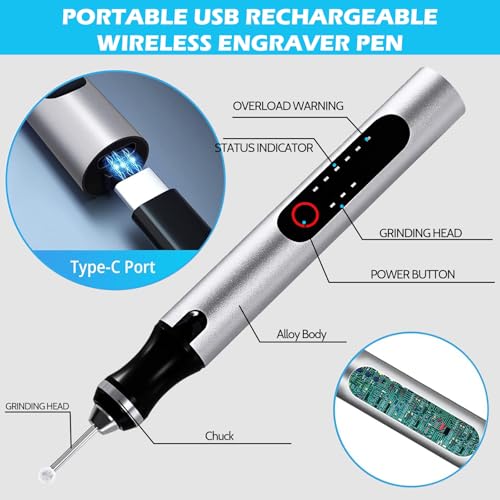 Cordless Engraving Pen, 3-Speed Electric Engraving Tool Kit, Engrave 50+ Surfaces, with 30 Small Drill bits, 5 Grinding Accessories and 16 Engraving Templates, USB Charging for Soft Wood Resin Stone J