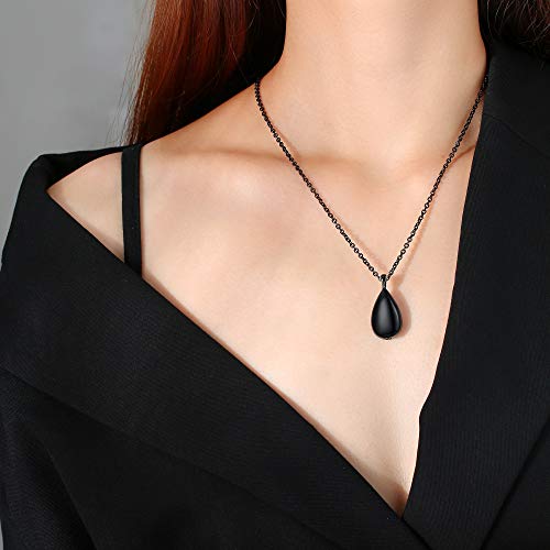 Rockyu Teardrop urn Necklaces for Ashes for Women Stainless Steel Simple Pear Shape Pendant Water Drop Keepsake Memory Dainty Necklace Chain 20 Inch Cremation Jewelry (Black)