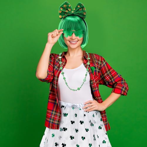 Mumufy 7 Pcs St. Patrick's Day Outfits Leprechaun Costume Accessories for Women Tutu Skirt Green Wig Headband Glasses Socks Green and White Elegant