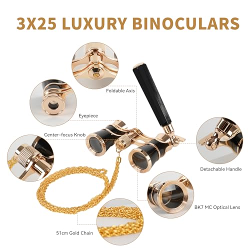 3X25 Opera Glasses for Women Theater Glasses for Concert with HD Optics Black-Gold