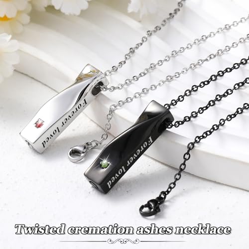 Highergo Urn Necklaces for Ashes Cremation Jewelry Urn Necklace Silver Black Stainless Steel Memorial Pendant Locket Vertical Bar Keepsake Pendant for Women Men Loved Ones Human Ashes 12 Twist