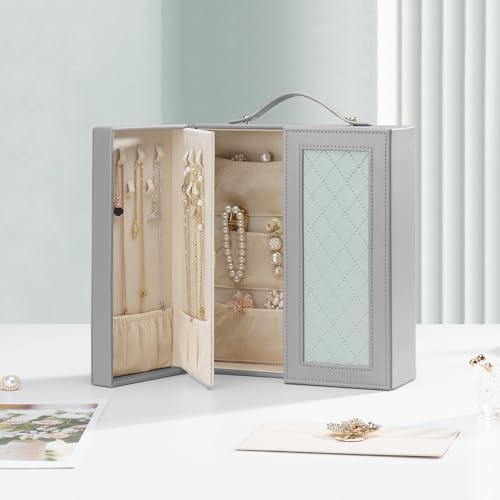 DesignSter Jewelry Box for Women, Jewelry Storage with Mirror, Travel Jewelry Organizer with Handle for Stud Earrings, Rings, Necklaces, Bracelets(Gray & Tea Green) Gray & Tea Green