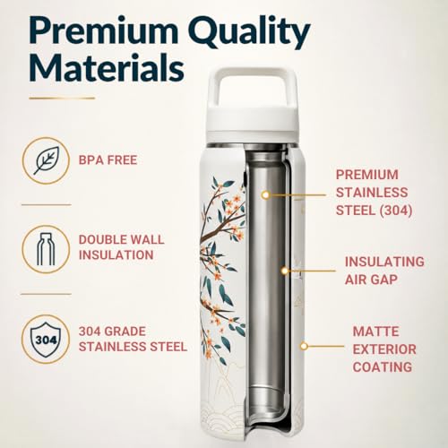 Farasi Tea Infuser Bottle for Loose Leaf Tea Insulated Stainless Steel Water Bottle Tumbler - Coffee, Fruit, Portable Infuser Bottle - Leakproof Built In Handle White Floral 24 oz