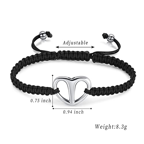 Black Rope Cremation Bracelet With Stainless Steel Heart Urn Jewelry Adjustable Expandable Urn Bracelet