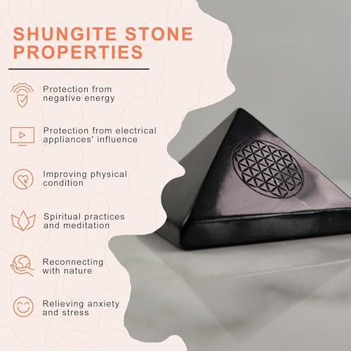 Authentic Shungite Stone Polished Pyramid 2" with Flower of Life Engraving Symbol | Raw Shungite Figurine Home Protection Room Decor Office Desk Decor Black Pyramid (Flower of Life)