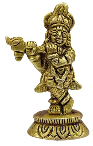 Divine Fluting Krishna Brass Statue - Small Hindu God Idol Playing Flute for Pooja Altar, Home Temple & Spiritual Decor Lord Krishna