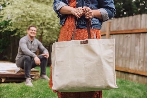 PICNIC TIME beige waxed canvas tote with leatherette handles, reusable grocery bag for shopping and carrying essentials.