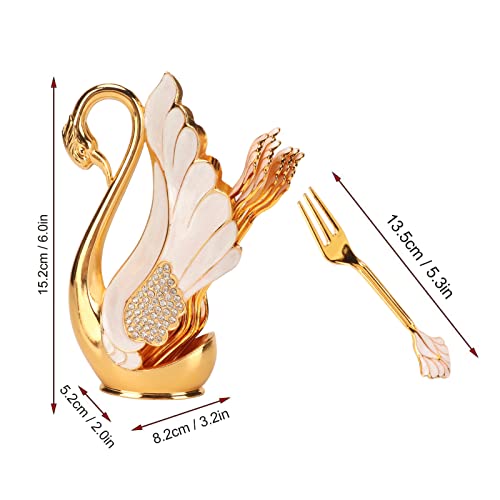 Fdit Swan Base Tableware Set, Gold Alloy Coffee Spoon Fork Holder with Rhinestones Smooth Edge Dessert Utensil Set for Bistro Bar Party (Golden White Fork)