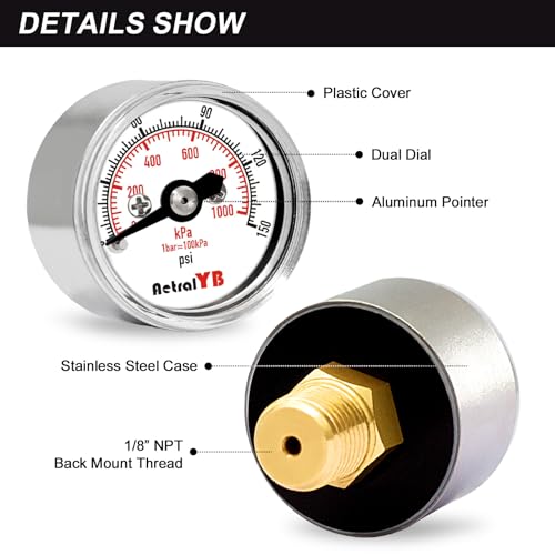 AetralYB 1-inch mini pressure gauge, 0-150 PSI, stainless steel case with 1/8 NPT back mount