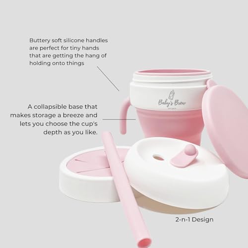 Baby's Brew Baby Feeding Set, Suction Bowl Spoons Snack Cup, Pink Pink Cup + Pink Bowl