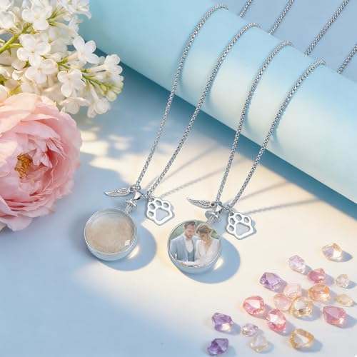 NBEADS 2Pcs Pet Fur Jewelry Keepsake Necklace, Pet Ashes Memorial Keepsake Urn Flat Round Locket Pendant Necklace with Glass Cabochons for Dog Cat Portrait Memorial Jewelry Gift, Platinum
