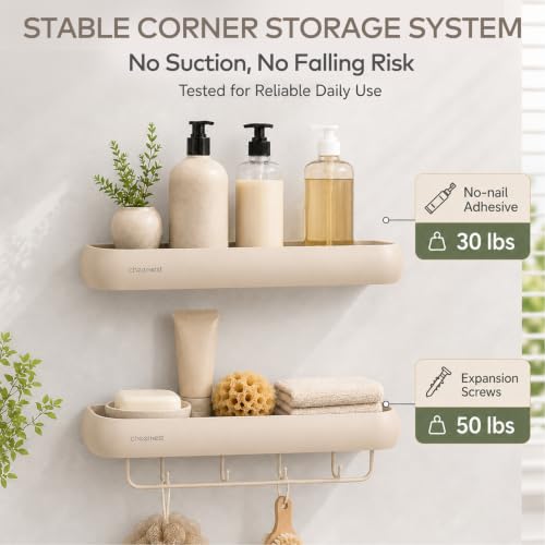 Shower Caddy Adhesive, No Drilling Aluminum Bath Organizer Shelf Milky White Rectangular