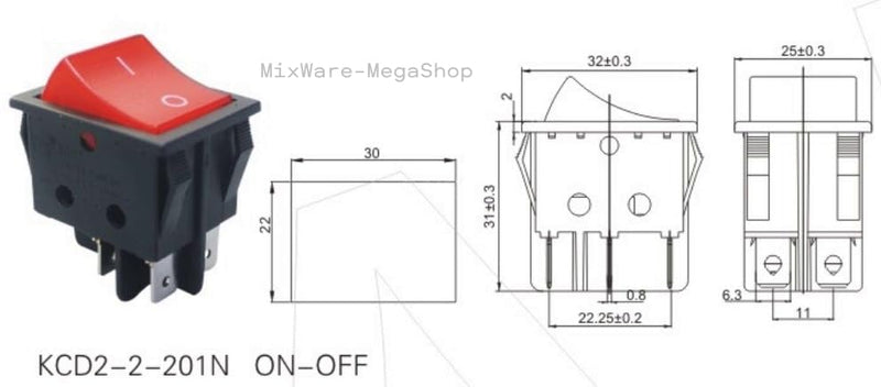 Rocker Switch with Waterproof Cover 2-Pin (4pin) 16 A 250 VAC 30 x 22 mm Red Rocker Illuminated