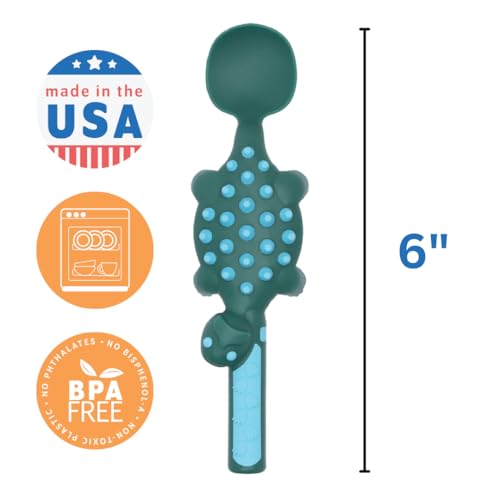 Constructive Eating - Toddler Dinosaur Utensils Made in USA - Silverware for Toddlers - Utensils for Kids - Constructive Eating Utensil Set Green Dinosaur
