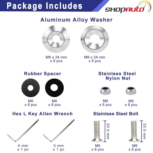 Shopauto aluminum tapered flat washers, 24mm OD, M6 and M8, 16-piece silver set