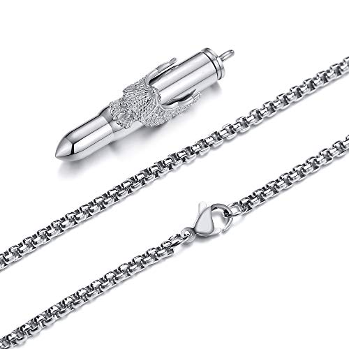 Stainless Steel Bullet Eagle Urn Necklace For Ashes Mens Cremation Urn Memorial Jewelry Silver