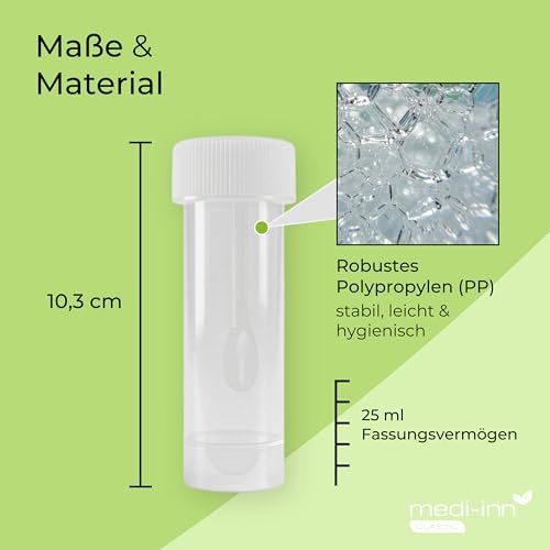 Medi-Inn Chair Sample Containers 25ml Pack of 10 - Transparent Removal Spoons in Lid Screw Cap PP for In Vitro Diagnostics