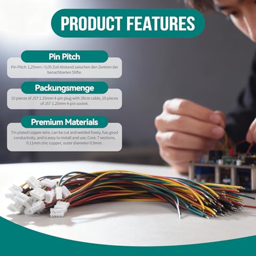 10 Sets Mini Micro 1.25 mm 4-Pin Connector Set with UL1571-26AWG Cable, 4-Pin Connector for Electronics, LED, Model Making, DIY Projects, Durable PH 2.0 Alternative