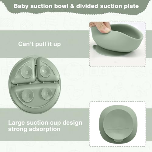 Silicone Baby Feeding Set, Toddler Feeding Set 12 Pcs, Suction Bowl and Baby Plate, Silicone Bib,Spoon,Fork & Sippy Cup,BPA Free Weaning Set, Baby Cutlery,Baby Gifts & Presents (Green) Green