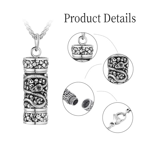 Urn Necklaces for Ashes, Stainless Steel Cremation Jewelry for Ashes, Keepsakes Gifts for Men/Women Chain Length 24 Inches Serpent Skull