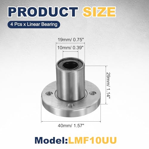 sourcing map 4 Pack LMF10UU Linear Ball Bearings, 10mm Bore Round Flange Linear Ball Bearings Flange Motion Bushing with Double Side Rubber Seal ABEC3 for CNC, 3D Printer
