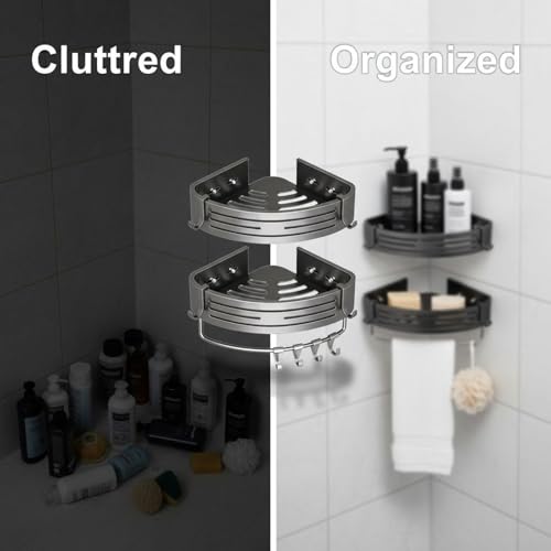 2-Tier Corner Shower Caddy, No Drilling Shower Organizer with Towel Bar and Hooks, 11.8x8.9x2.6 in Adhesive Shower Shelf, Rustproof Aluminum Bathroom Corner Storage